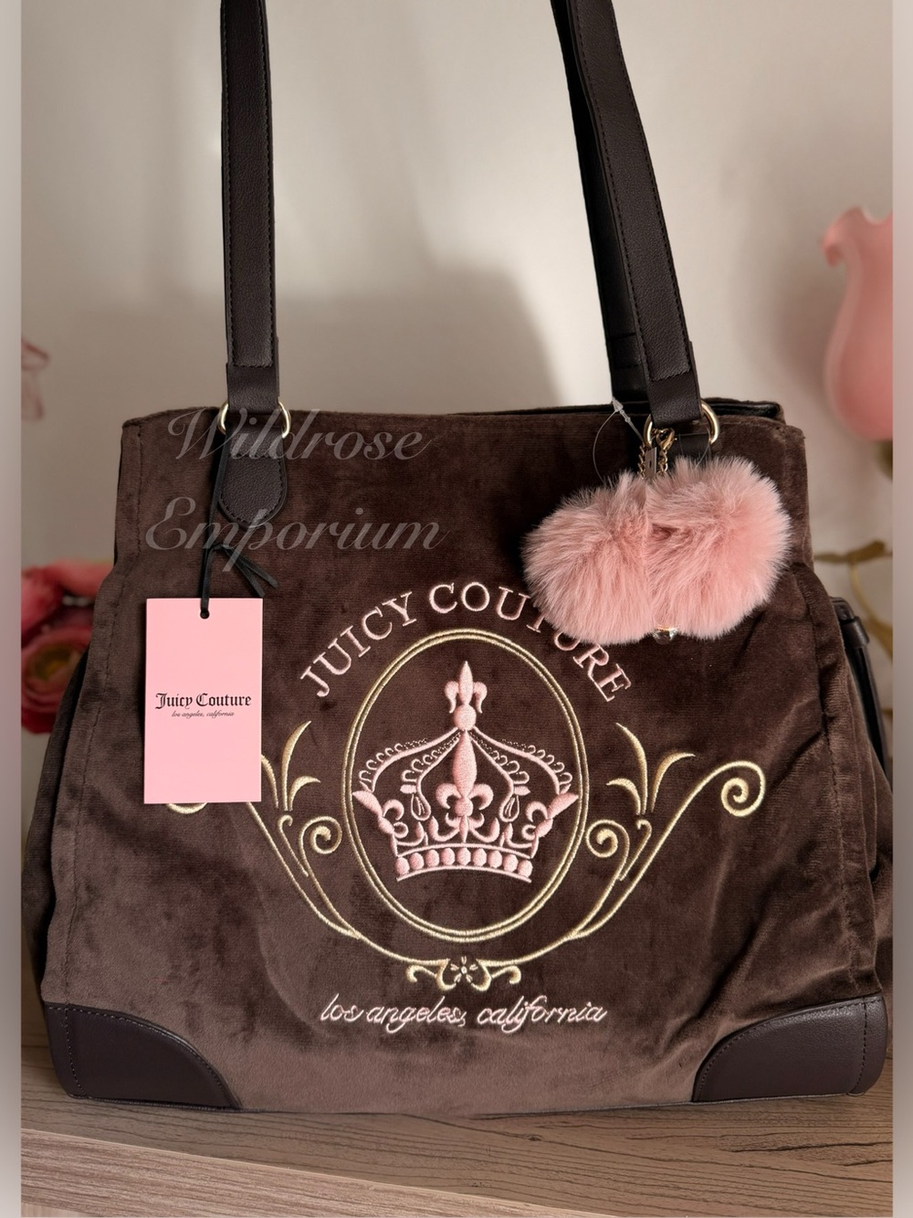 NWT Juicy Couture Magnifique Tote bag neon pink chocolate crest crown Pom charm